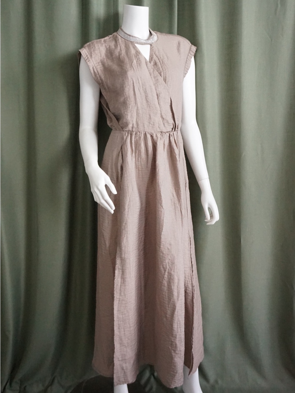 Rocco Ragni Cashmere Tan Beaded Neckline Sleeveless Maxi Dress - Size 44